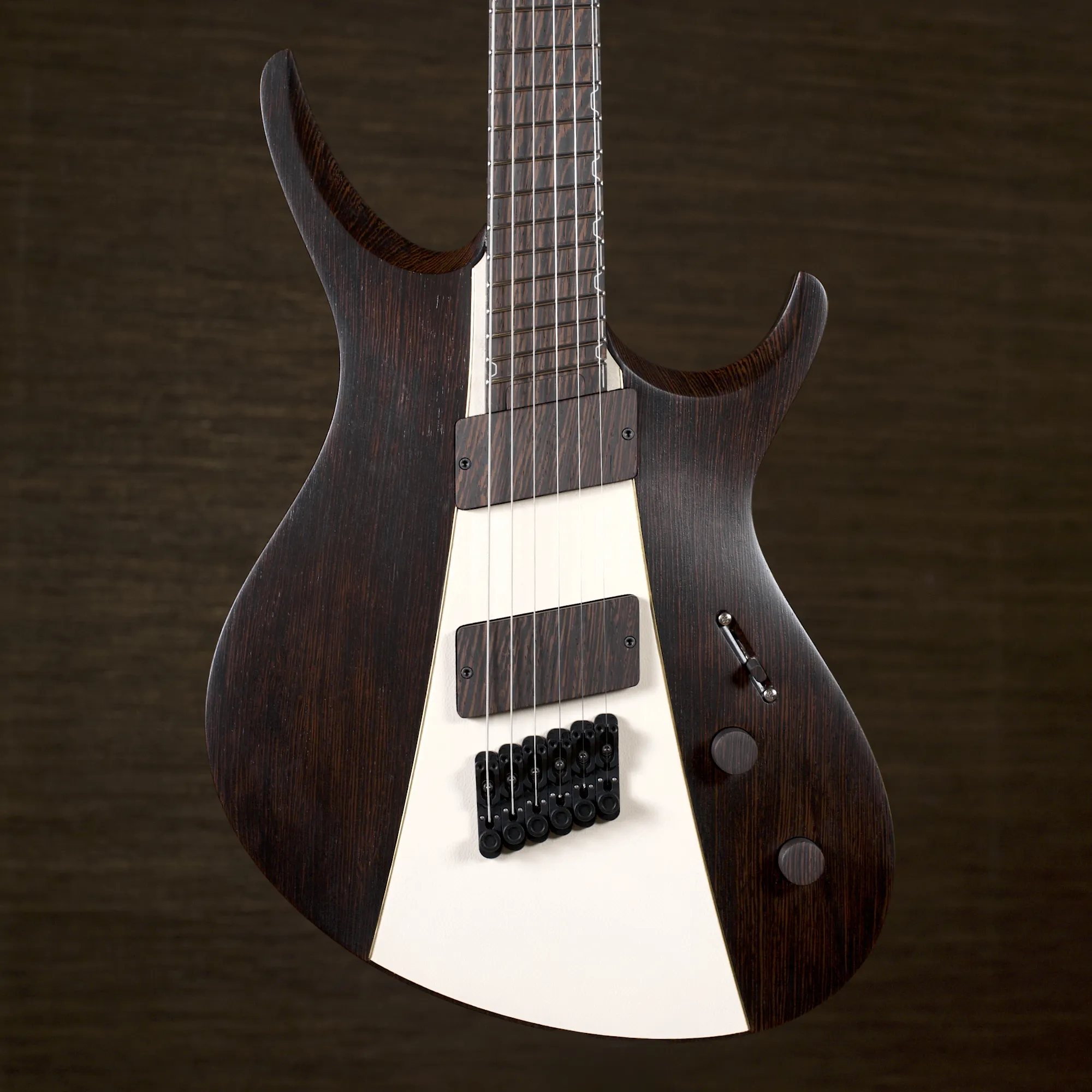 High end boutique guitar, bespoke leather brass inlays, headless system superstrat